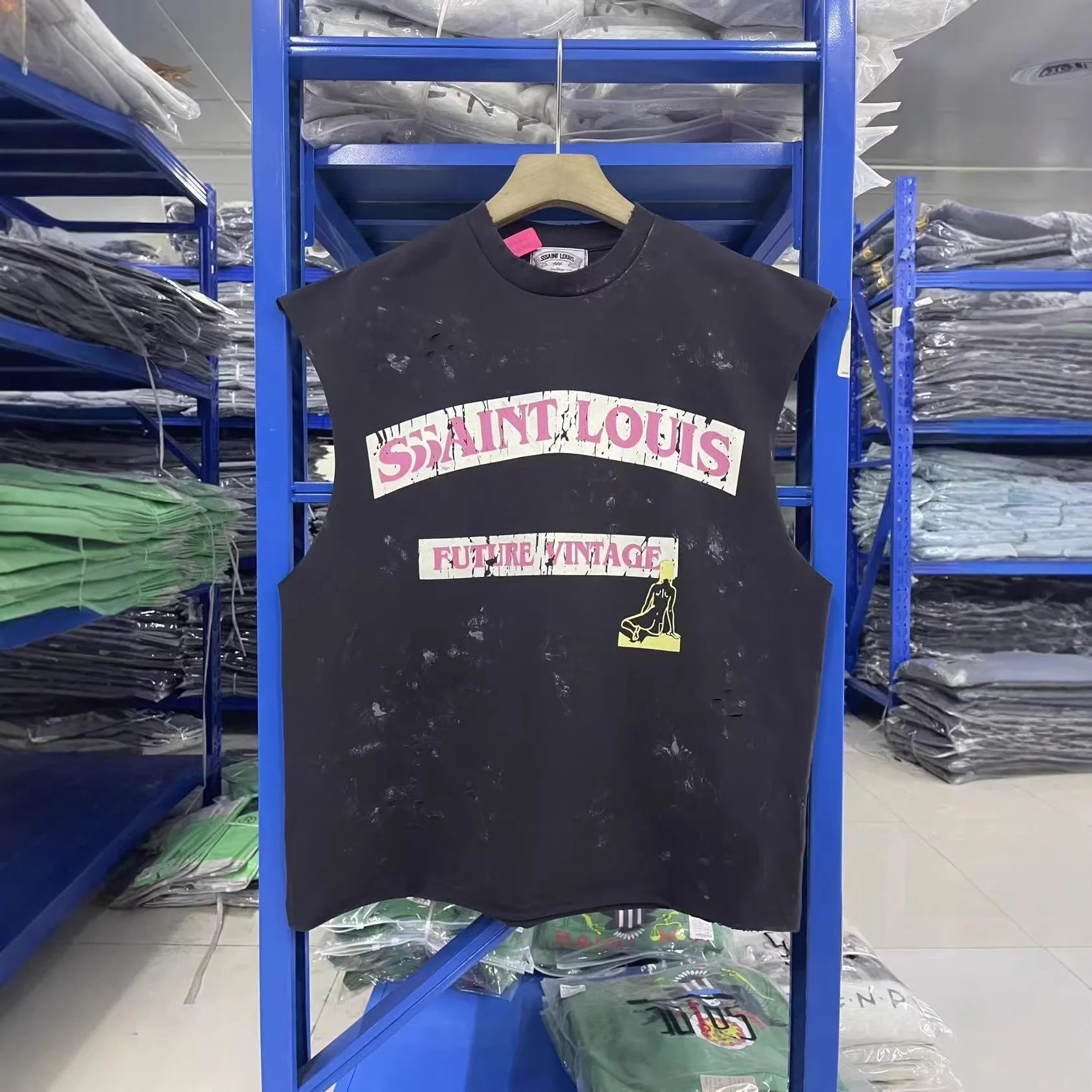 

SSSAINT LOUIS 26SS Handmade stencil logo printed washed and distressed sleeveless t-shirt American style trendy accessory