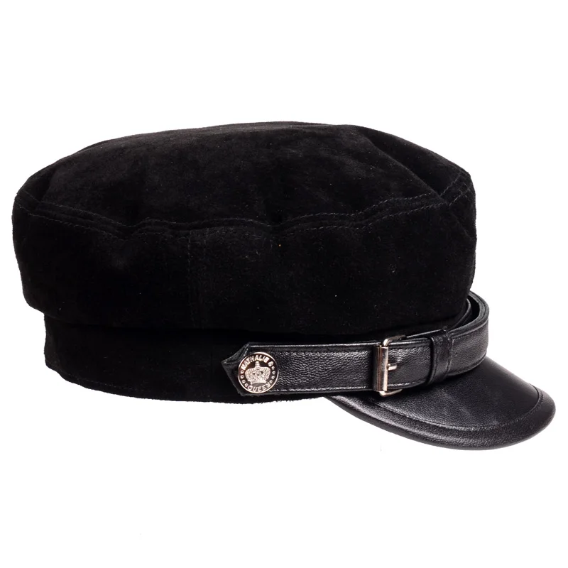 Leather Hats For Men Women 2022 Winter Vintage Thin Black Suede Motorcycle Berets Cap With Belt Male Korean Student Cadet Hat 61