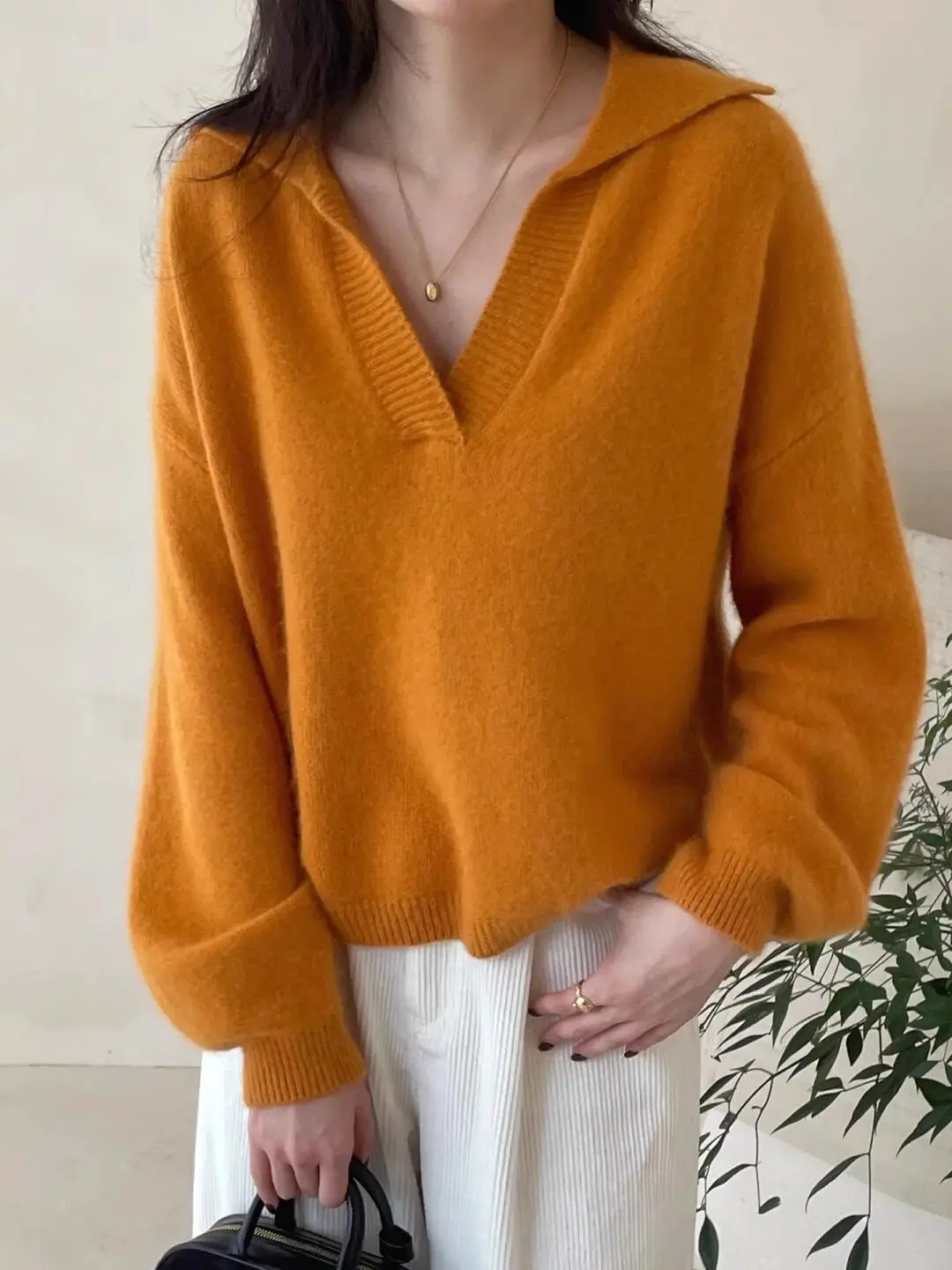 Pumpkin orange scissors collar long-sleeved sweater female cashmere relaxed in autumn and winter white and beautiful sweater