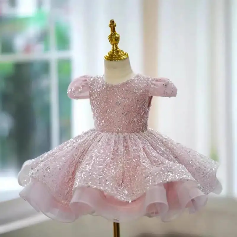 2024 Sequined Girl Princess Dresses Round Neck Fashion Performance Costume Solid Color Children's Ball Dress Birthday Vestidos