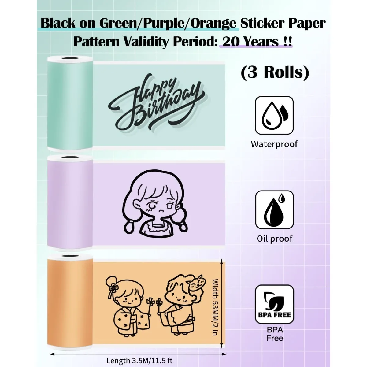 Thermal Printer Paper Roll Color/White Sticker Paper Compatible With Phomemo M02X M02L T02 Paper,(2in*11.5ft/Roll）53mm Width