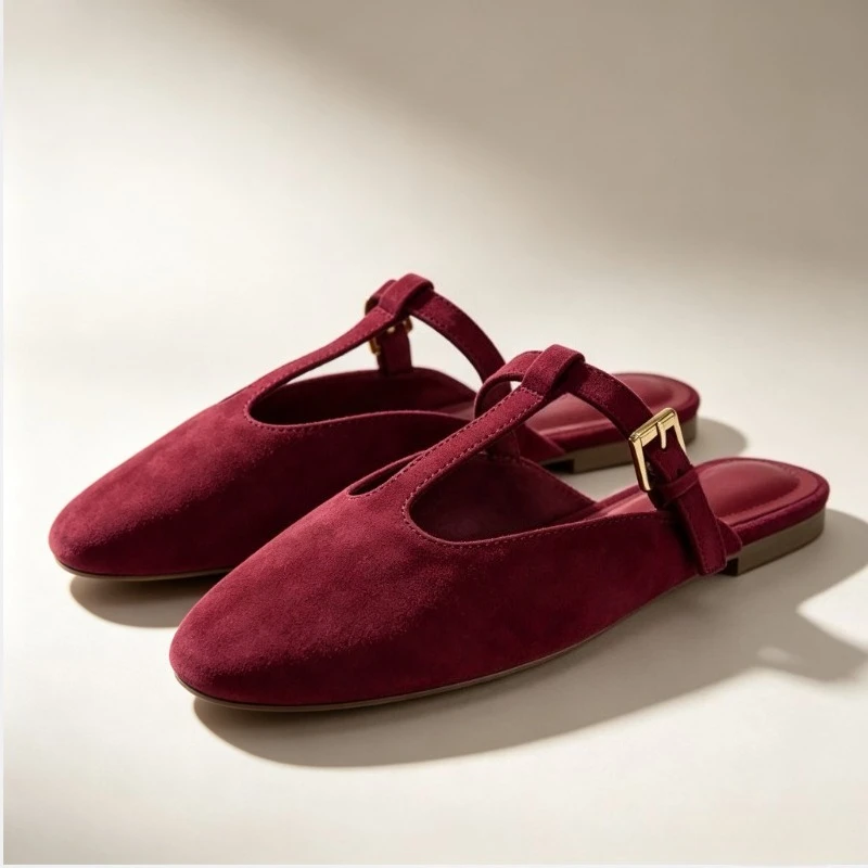 Red Round Toe Flat Bot Mules Autumn Women's Flats Buckle Fashion Slip-On Anti-Slip Rubber Sole Comfortable Casual Sandal
