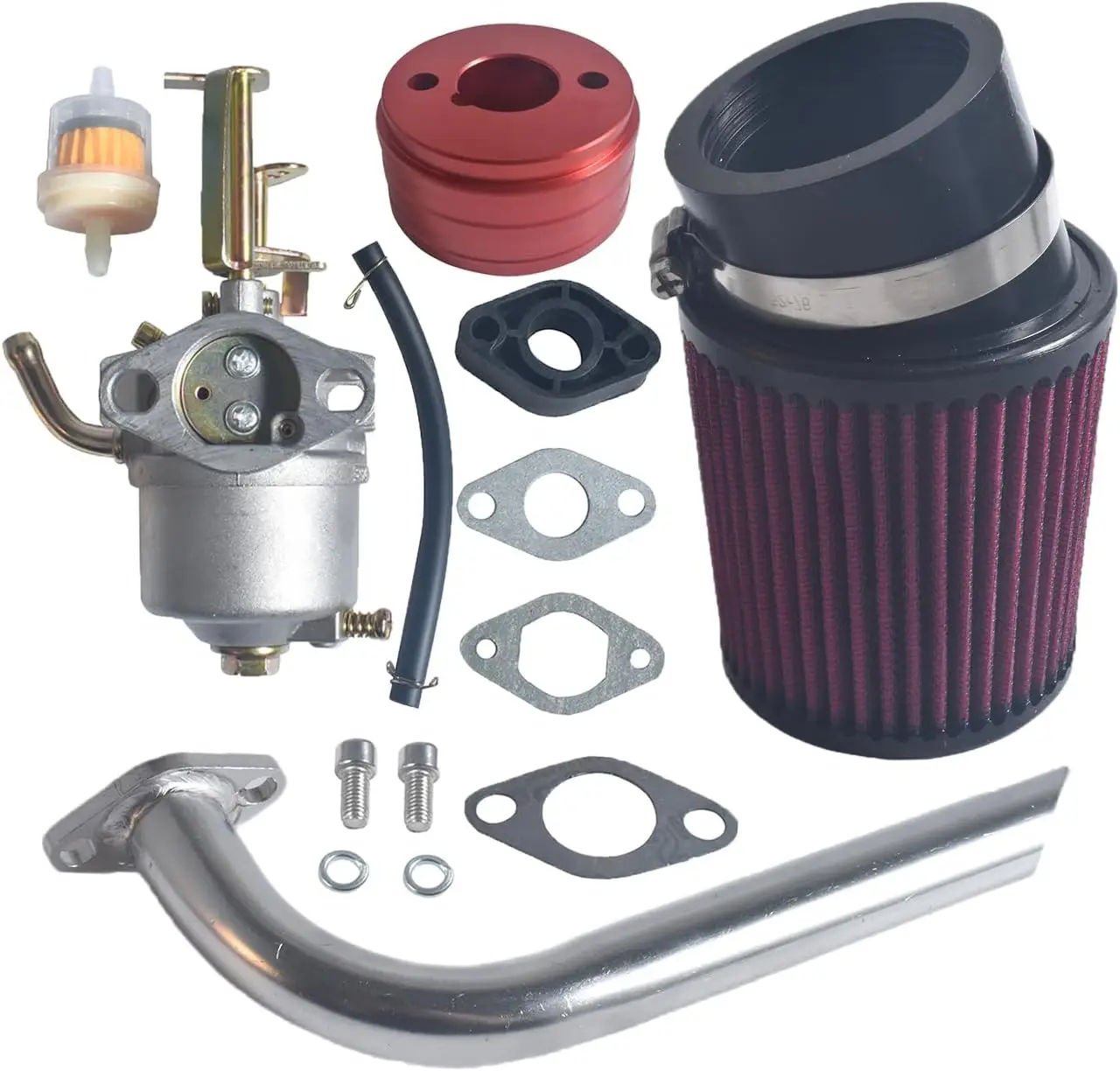 

New upgrade Carburetor Carb Red Air Filter Adapter Silvery Exhaust Pipe Stage 2 for 79cc Predator 98cc .0HP Powersports CT100U