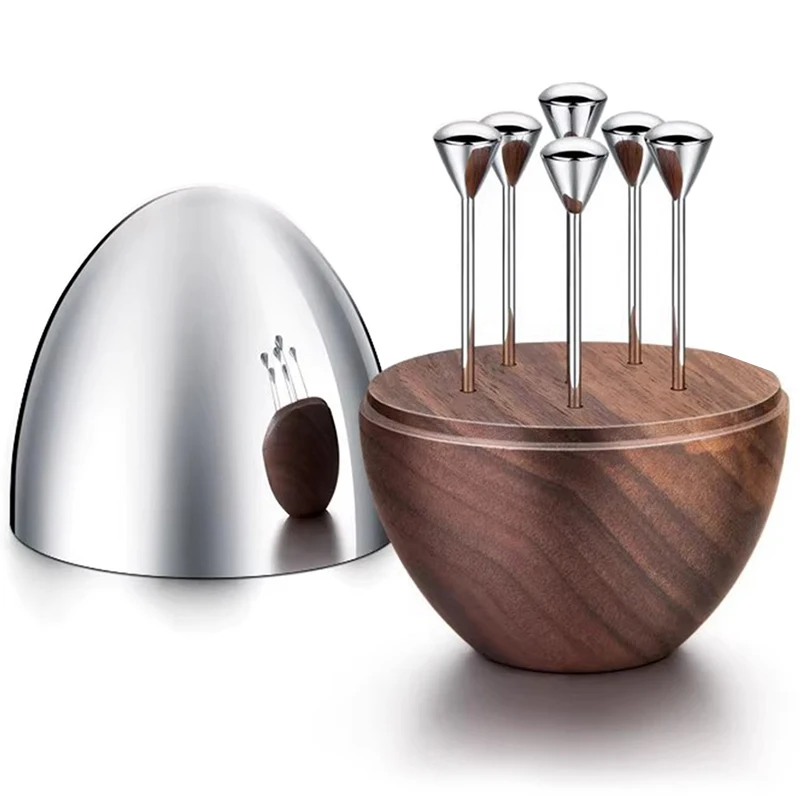 Egg Shape Luxury Toothpick Holder Stainless Steel Walnut Wood Creative Toothpick Storage Container Metal Picks Party Decoration