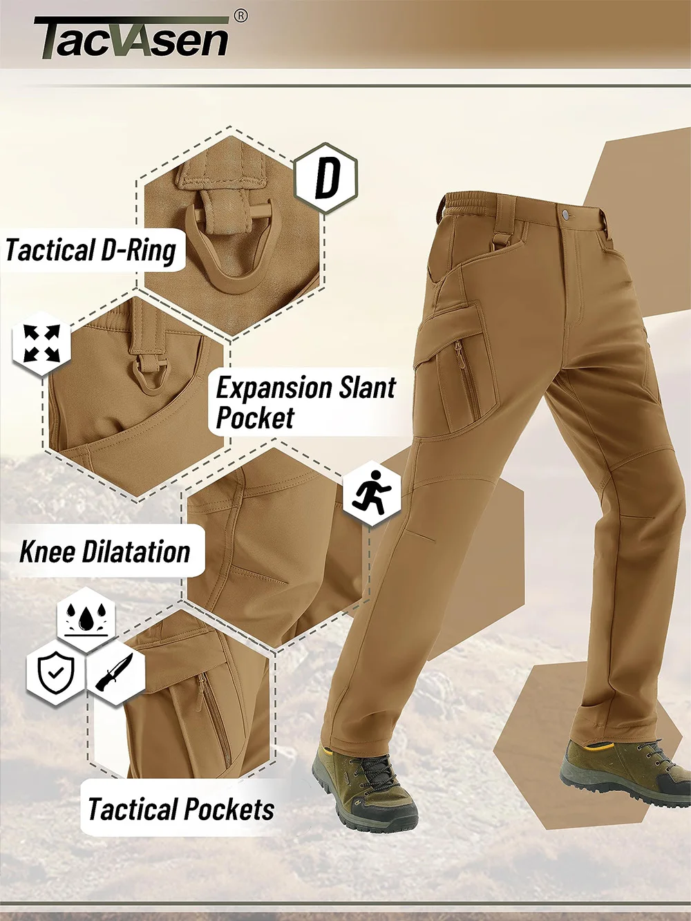 TACVASEN IX9 Shoftshell Thermal Cargo Pants Winter Warm Fleece Lined Hiking Waterproof Pants Outdoor Ripstop Work Trousers Male