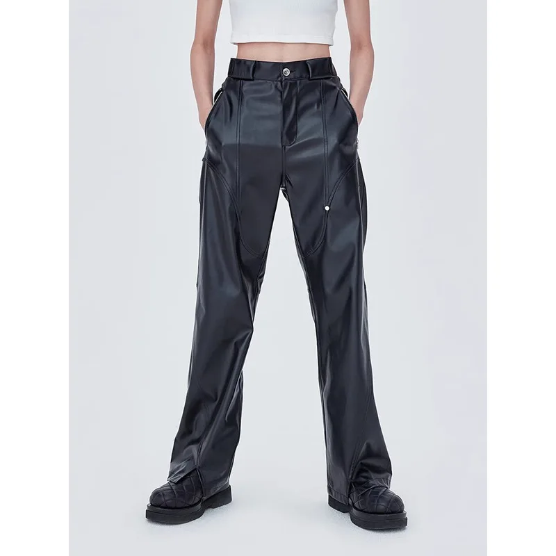 [bomp] Autumn American Design Punk Street Pants High Waist Loose Versatile Split Line Leather