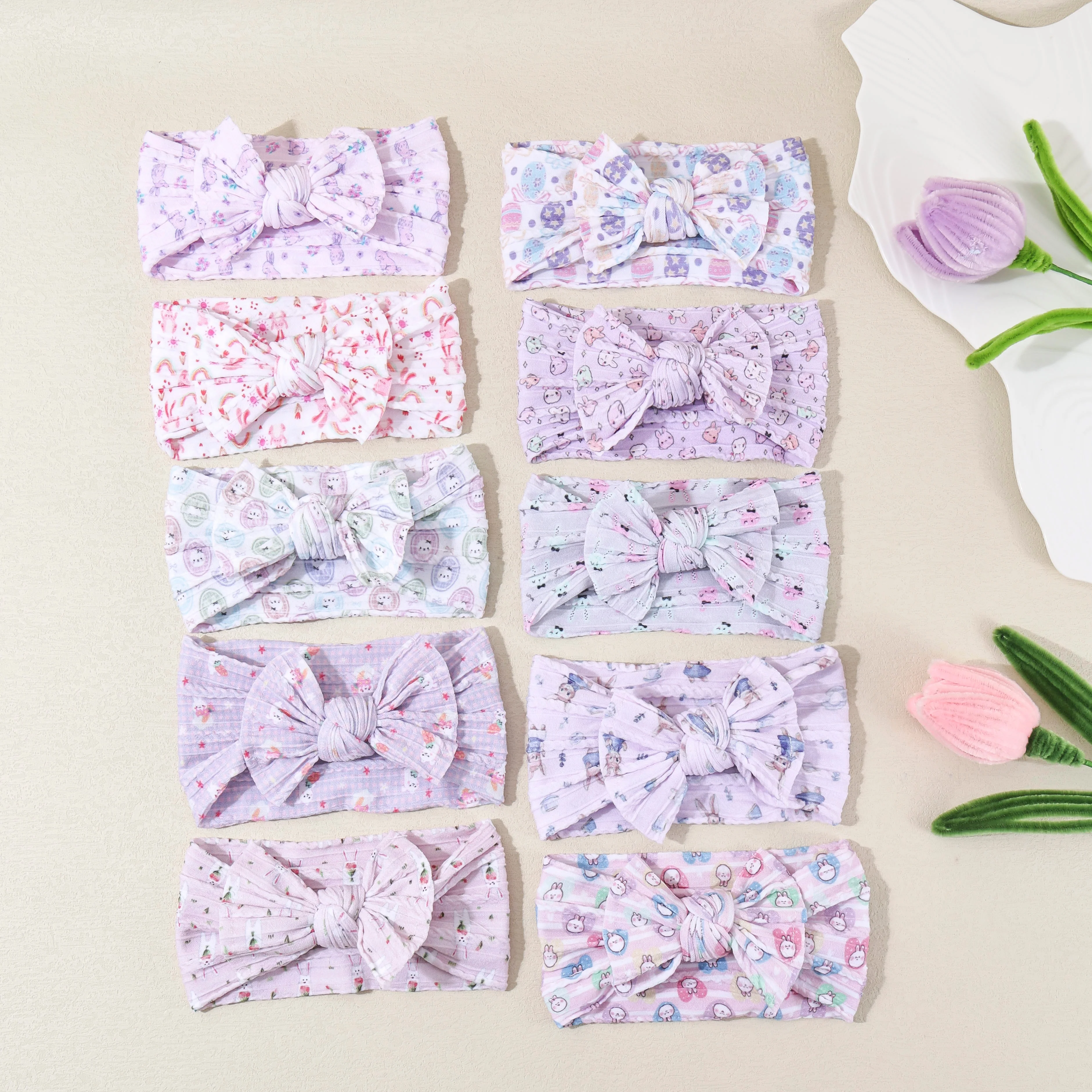 20pcs Baby Girls Easter Headbands Cartoon Bunny Ear Nylon Cable Knit Turban with Rainbow Print Kids Easter Egg Themed Headwear