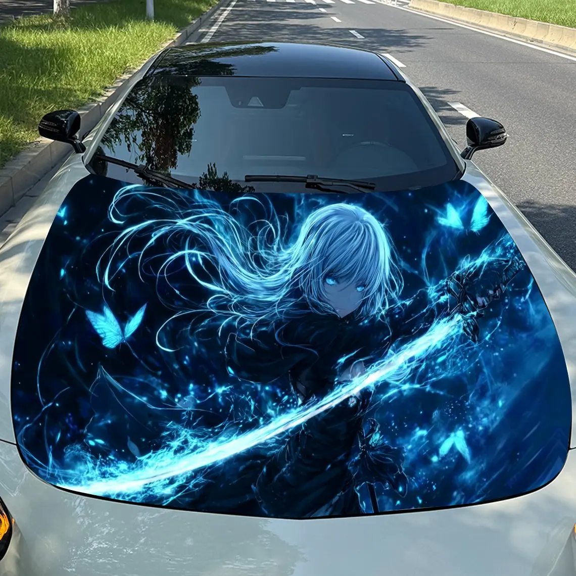 Blue Flame Sword Dance Girl Car Vinyl Wrap, PVC Material Waterproof Car Hood Sticker, Self-Adhesive Scratch-Resistant Stickers f