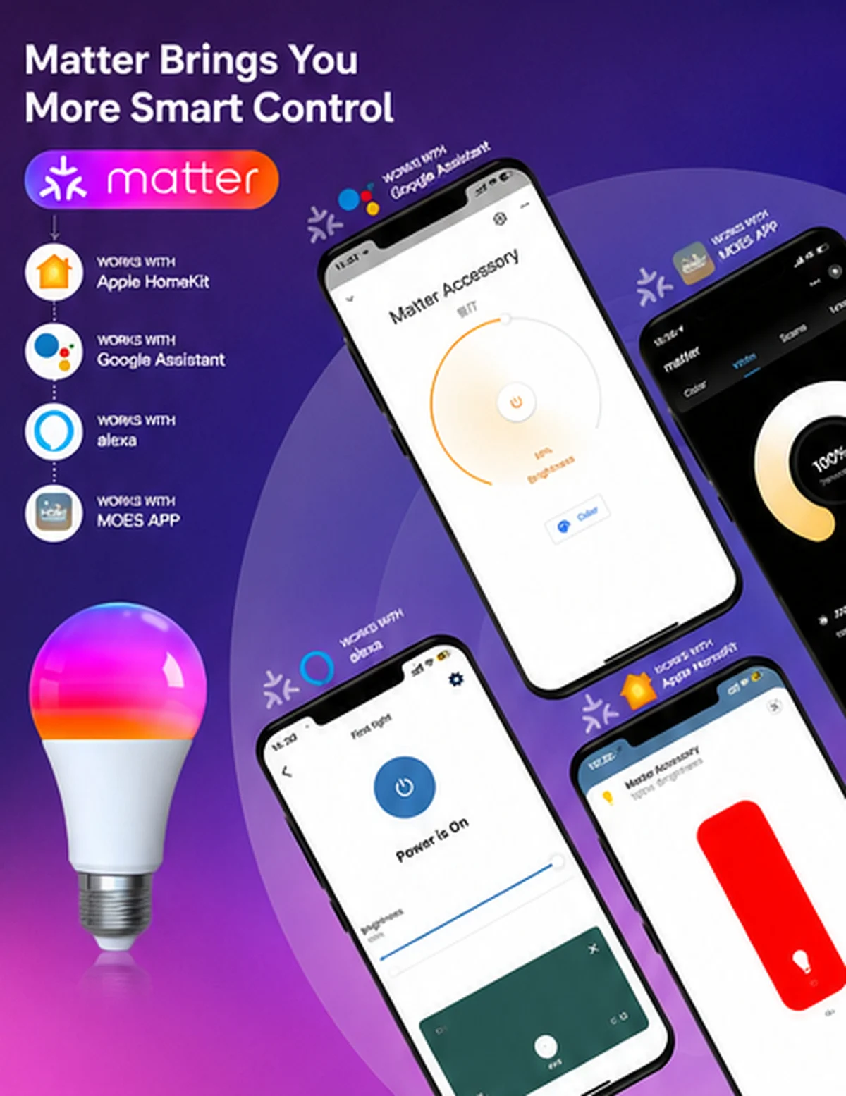 MOES Matter Smart LED Bulb E27 14W 1521LM RGB+CCT WiFi Dimmable Light Works with Alexa Google Home Apple Home SmartThings
