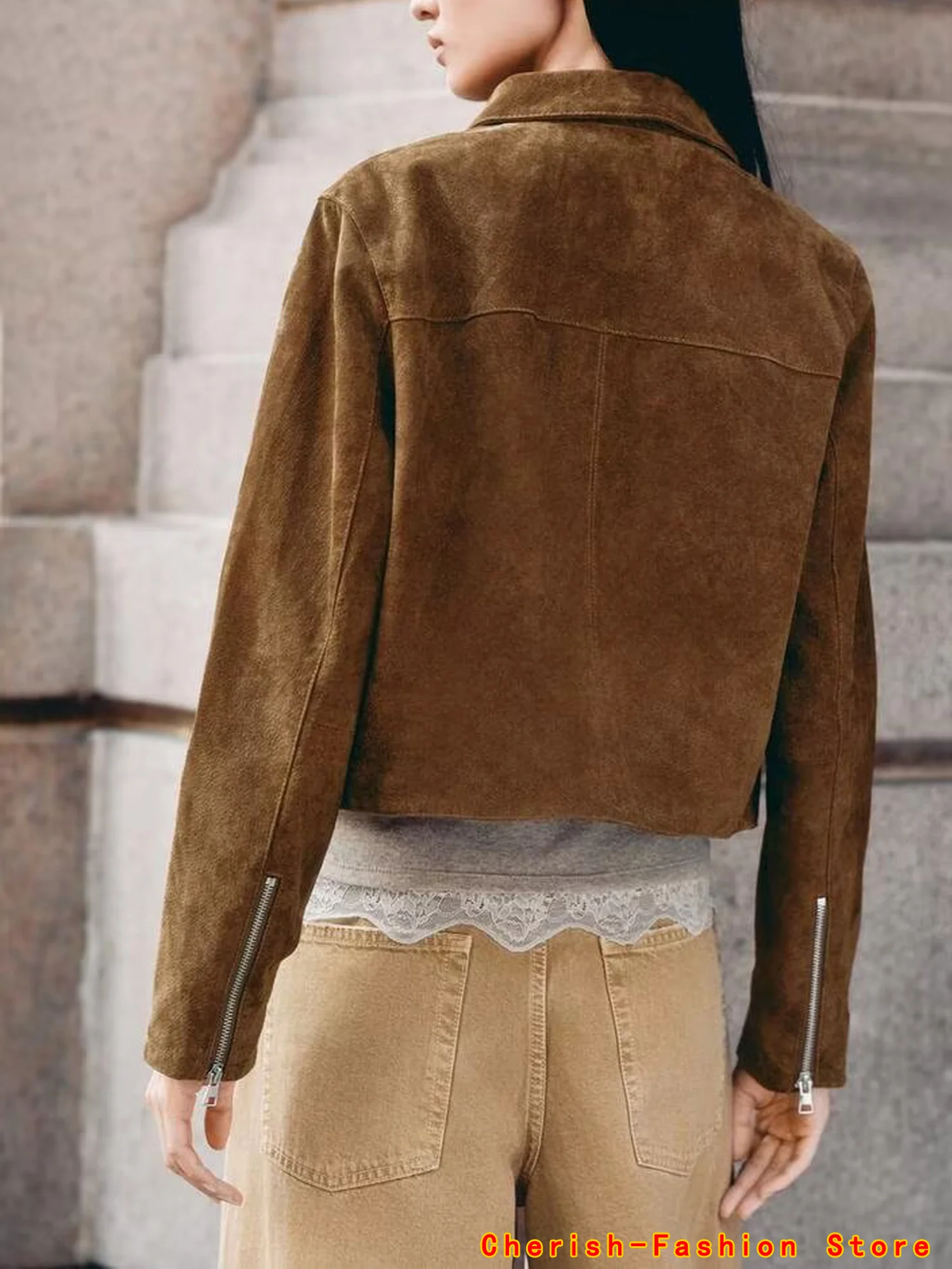 Elegante Bomber Imitatie Herten Huid Fluwelen Jas Vrouwen Revers Lange Mouw Rits Vest Tops met Zakken Vrouwelijke Bovenkleding