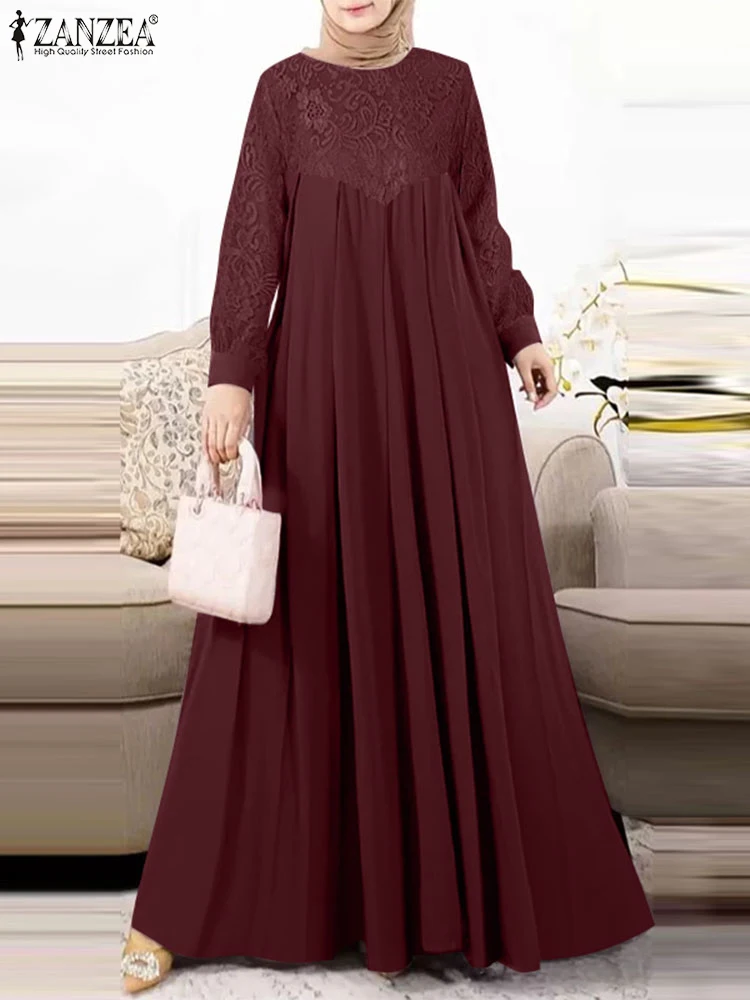 

ZANZEA Elegant Women Lace Patchwork Sundress Autumn Long Sleeve Muslim Turkey Vintage Ramadan Vestido Abaya Hijab Dress Robe