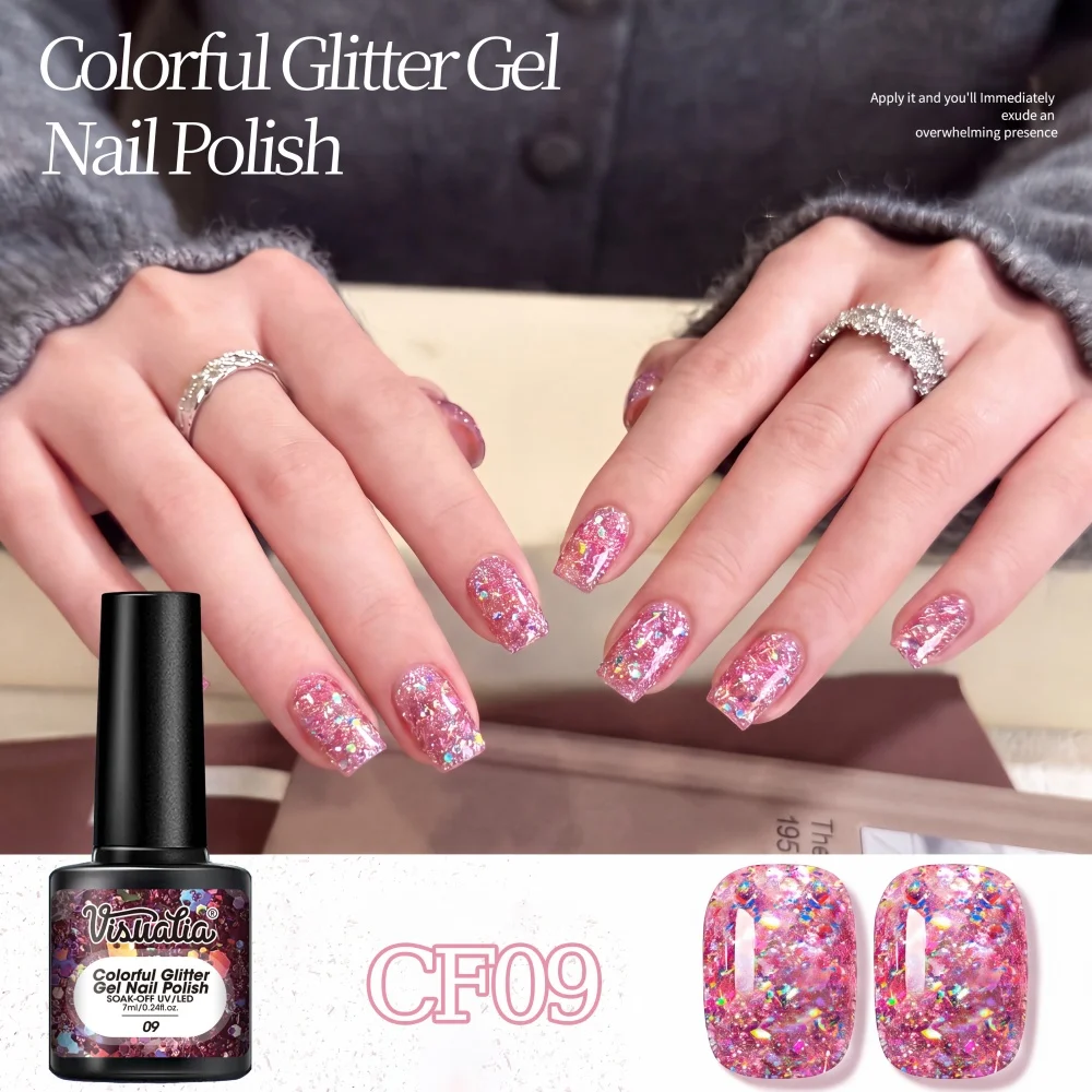 Visuatia Iridescent Glitter Nail Gel, translucent pink base with colorful foil shimmering texture, soft and sweet tones, creating lively and delicate nail art suitable for everyday young girl outfits