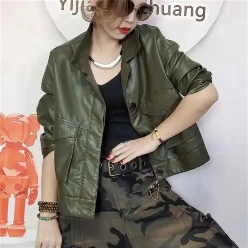 Abrigo de piel sintética a la moda coreana para mujer, Top corto de cuero, prendas de vestir para primavera y otoño, chaqueta de cuero PU de manga larga para mujer 2025