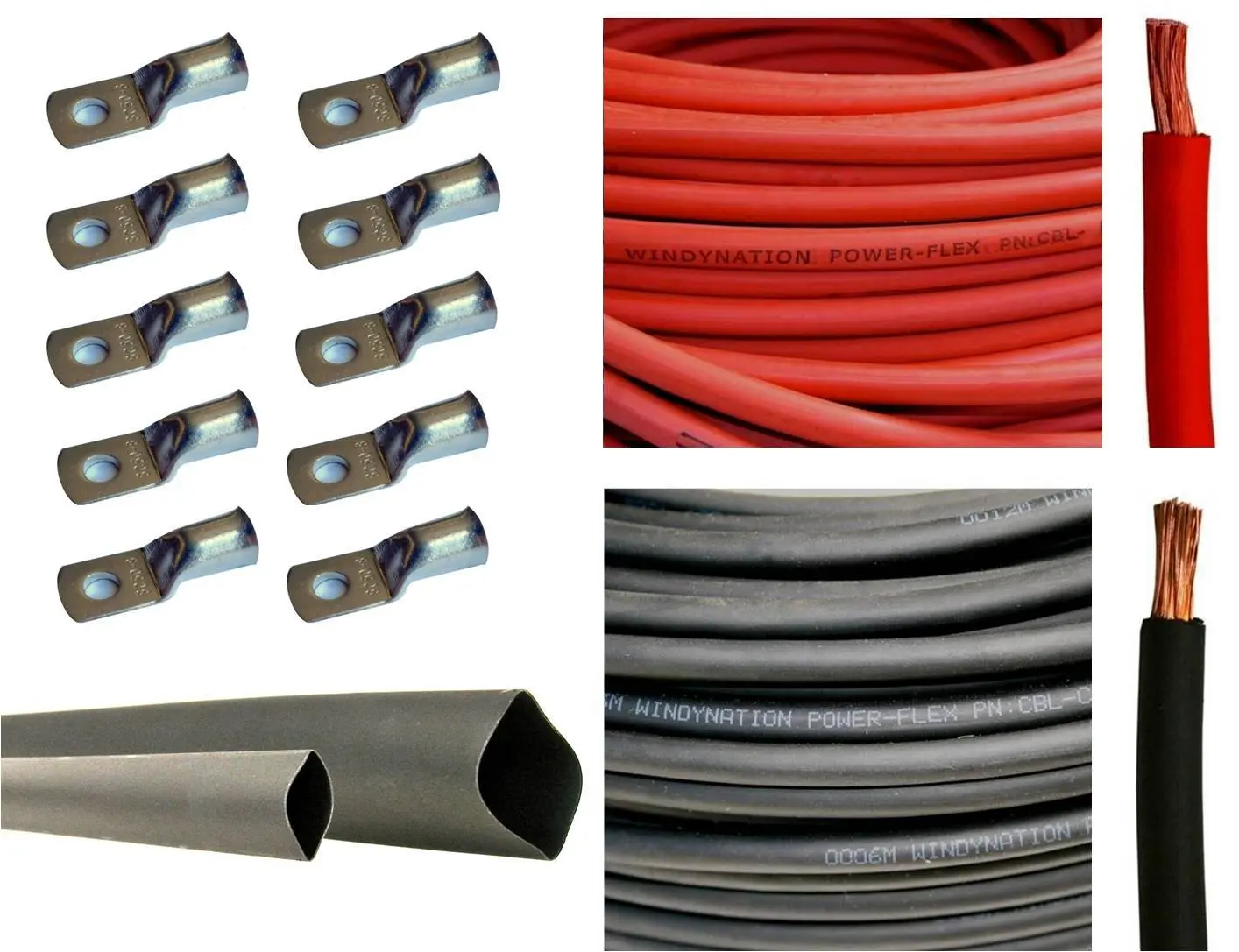 

2 AWG Pure Copper Cable 10ft Red + 10ft Black with Lugs & Heat Shrink for Welding Battery