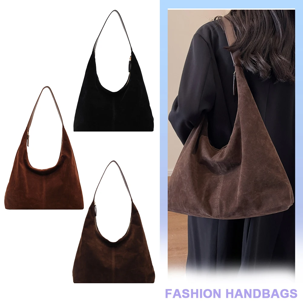 Women Suede Tote Bag with Zipper Shoulder Bag Large Capacity Handbag Slouchy Bag Commuter Travel Bag