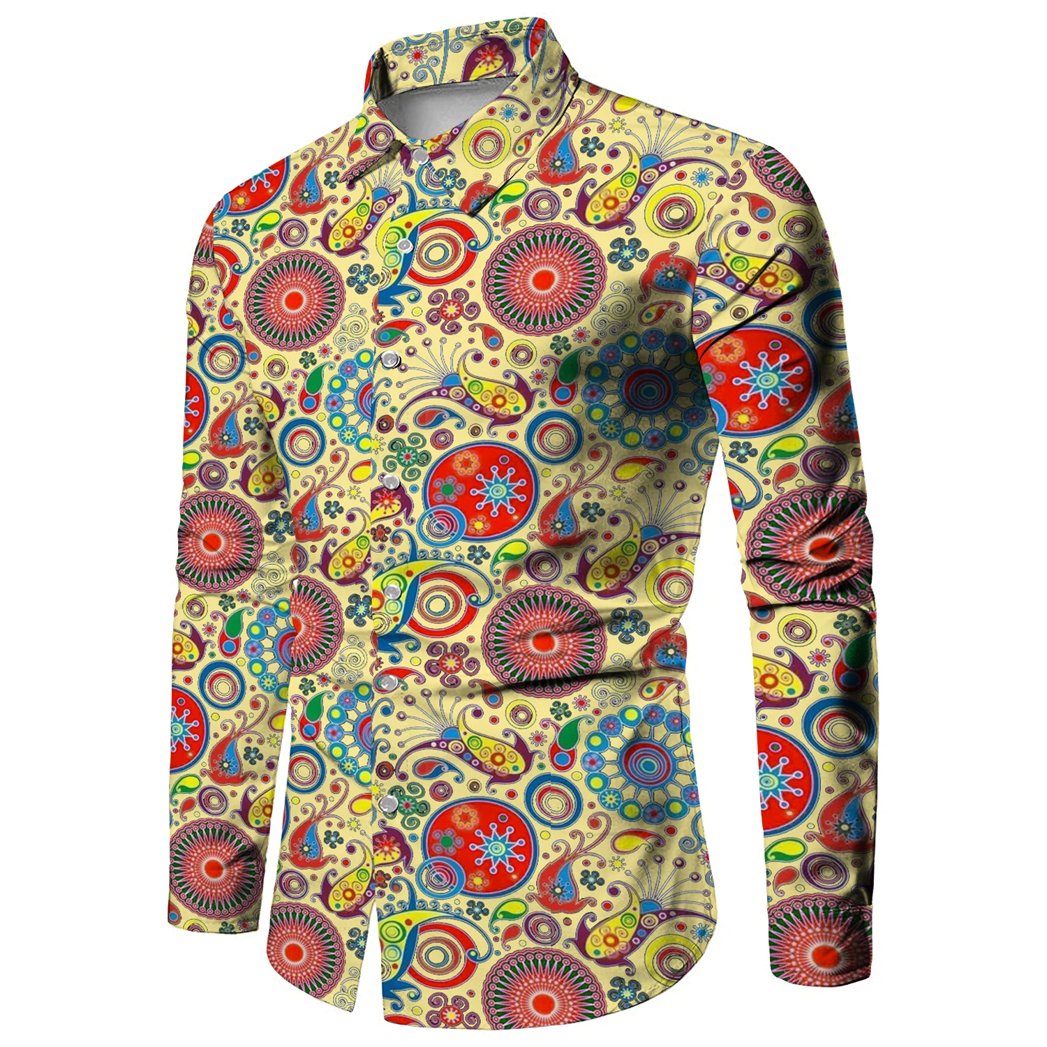 Fashion Paisley Floral Print Men\'s Shirts Vintage Style Lapel Button-Up Long Sleeve Tops Hip Hop Men/Women Casual Party Clubwear