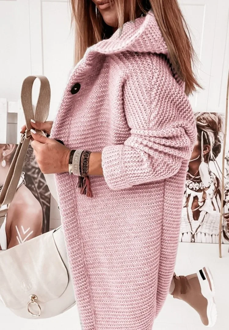 Cardigan for Women Autumn Fashion Button Front Casual Plain Long Sleeve Knit Loose Daily Long Hooded Cardigan New Outerwear