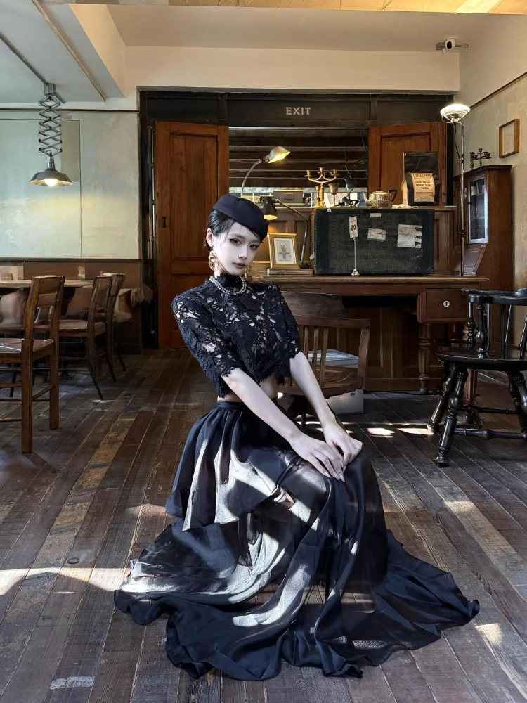 القوطية الأسود الدانتيل قطعتين مجموعة المرأة خمر شير الجوف خارج أعلى عالية الخصر تنورة طويلة الظلام أنيقة حزب الرجعية وتتسابق 2025