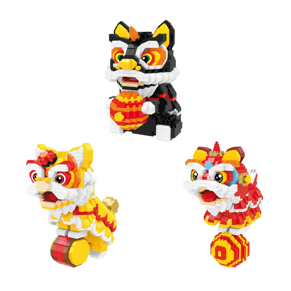 Creative Chinese Culture Art Lion Dance Micro Diamond Block Nanobricks Cartoon Image Model Toys Building Bricks For GIFTS