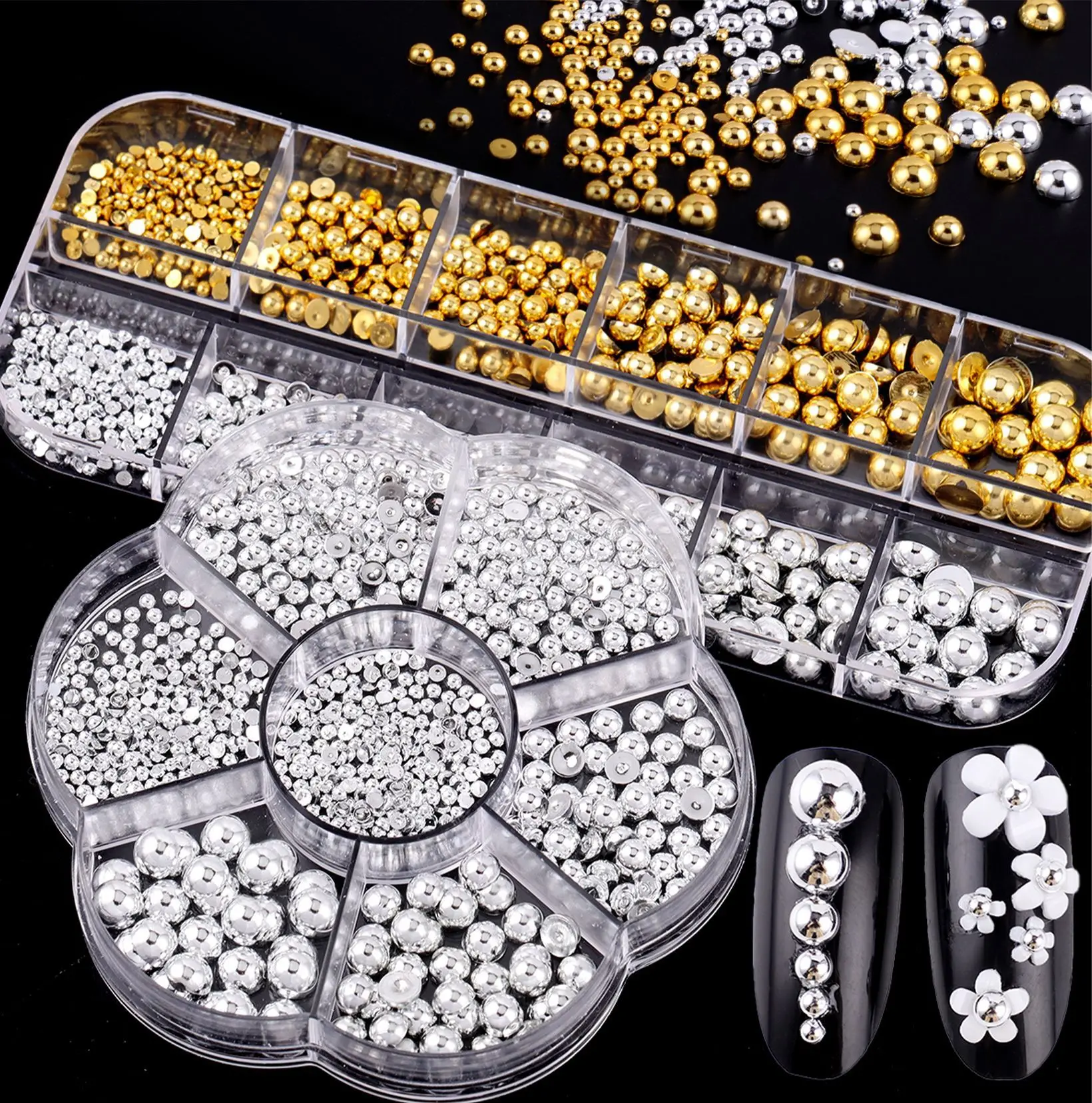 12Grid/box Gold Silver Half Round Caviar Bead Nail Charms 2/3/4/5/6mm Flatback Round Steel Nail Bead Micro Ball Manicure Bead