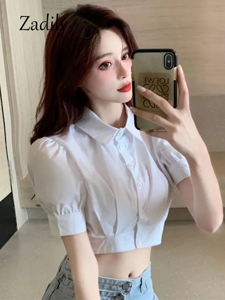 Zadily 2024 Summer Sexy Short Sleeve Women White Shirt Korea Style Button Up Slim Woman Crop Tops Casual Female Blouse Clothing