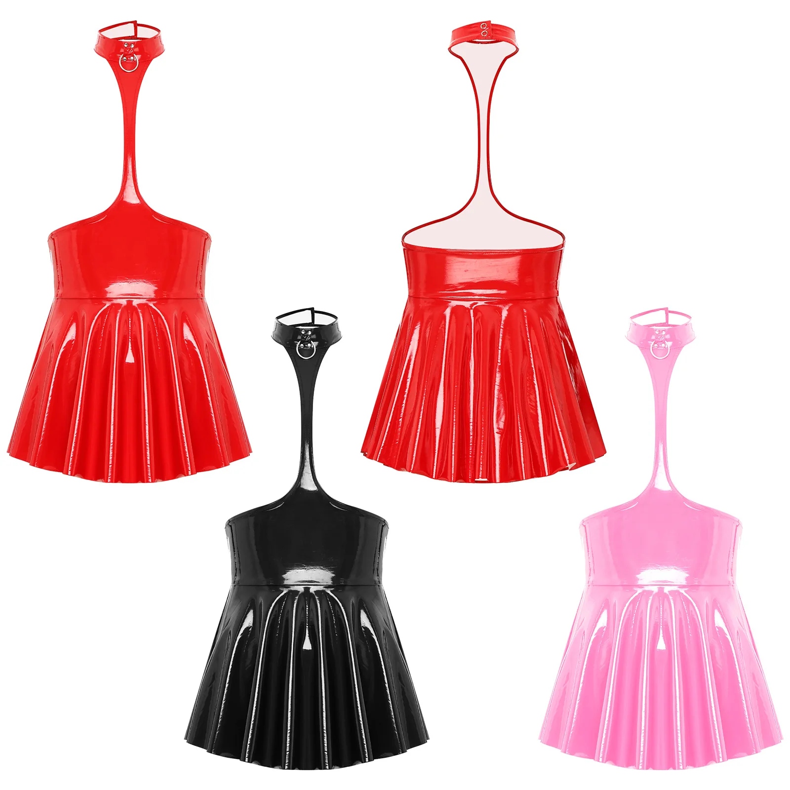 Womens Wetllook Dress Open Chest Halter Ruffled Sexy Dress Patent Leather Sleeveless Backless Exotic Dresses Lingerie Nightwear