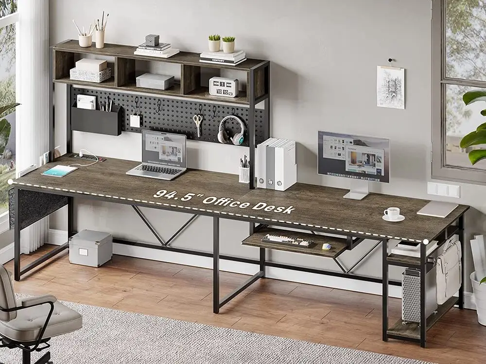 L Shaped Computer Desk, Reversible Corner Desk with Power Outlet and Led Lights