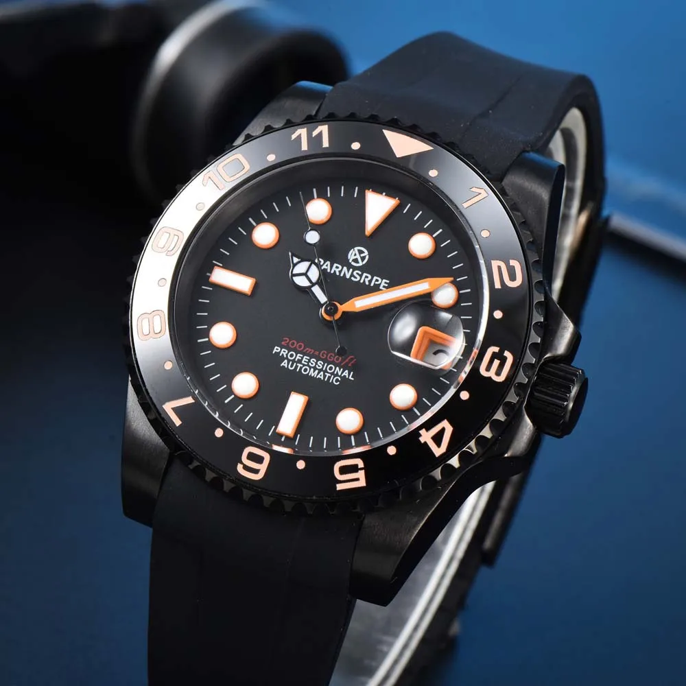 40mm Men\'s Automatic Mechanical Business Watch Sapphire Mirror PVD Plated Black Case Rubber Strap NH35 Movement