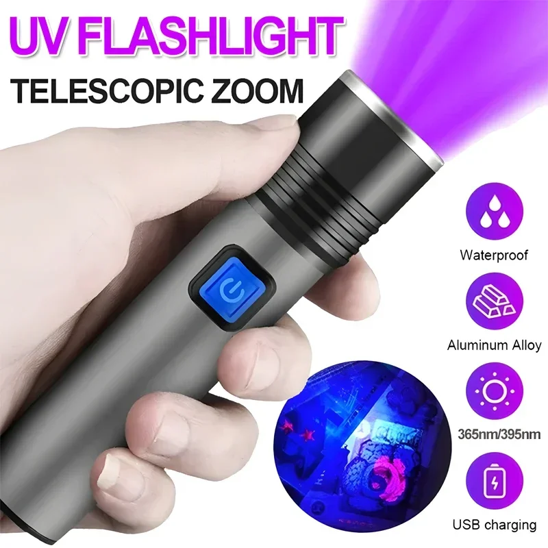 

365/395nm UV Flashlight Blacklight Zoomable Torch Lamps USB Charging Ultraviolet Flashlights Pet Urine Detector Hunting UV Light