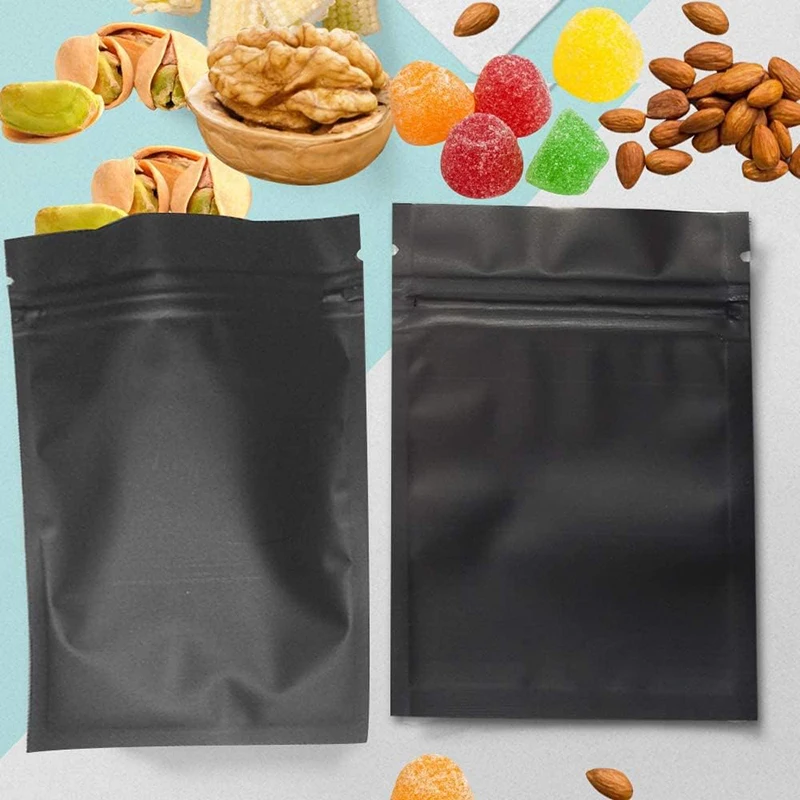 Bolsa pequeña de plástico para almacenamiento de alimentos, paquete de sellado térmico negro mate con cierre de cremallera, papel de aluminio a