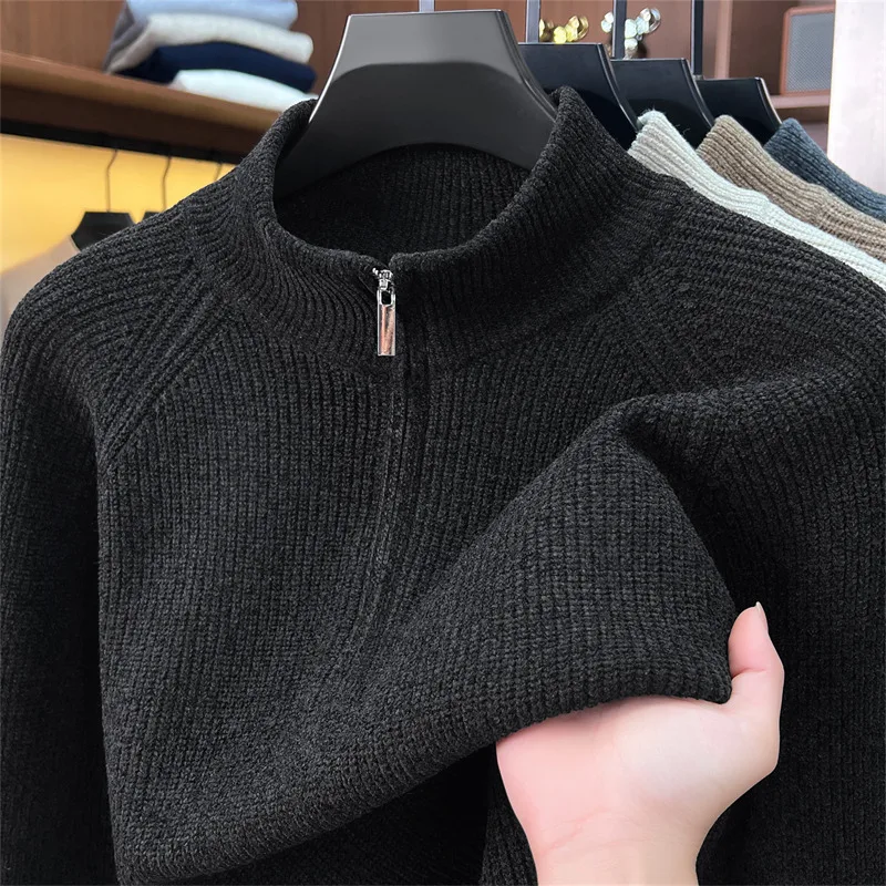 Classic solid color half zipper men's sweater luxury comfort warm half high neck winter knitted pullover new fashion casual top
