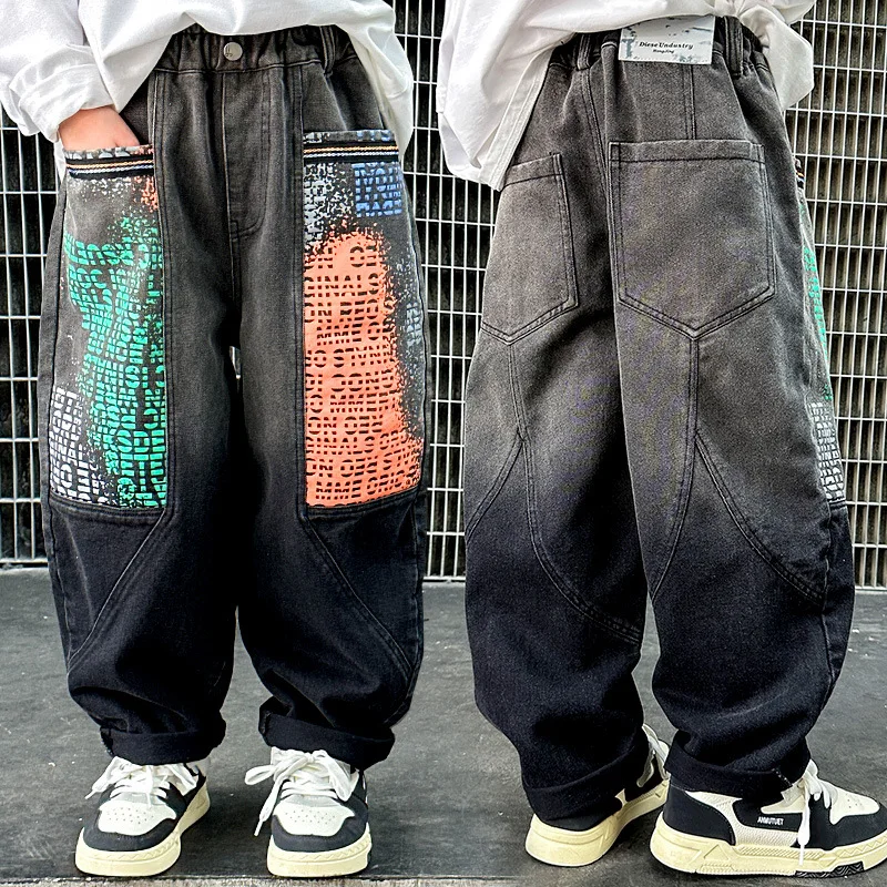 

Child Retro American Hiphop Drawing Jeans Pants Boy High Fashion Street Dance Jeans Hip-hop Trendy Kids Skateboard Denim Trouser