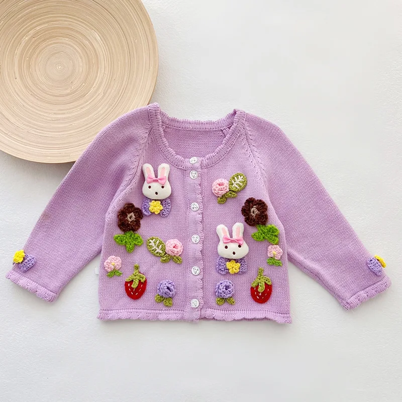 Spring Baby Girls Knitted Cardigan Sweater Coat Infant Long Sleeve Toddler Handmade Girl Cotton Appliques Rabbit Flower Clothes