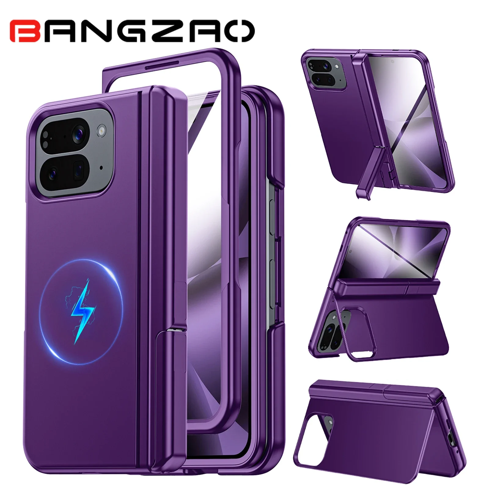 

Magnetic Case for Google Pixel 10 Pro Fold with Hidden Kickstand,Built-in 9H Glass Screen Protector & Hinge Protection-Purple