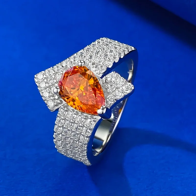 New 925 Silver 2 Carat Fenda Orange Micro Set with Diamond Ring Ring 6 * 9 Pear shaped Orange Pretty Orange Wedding Jewelry