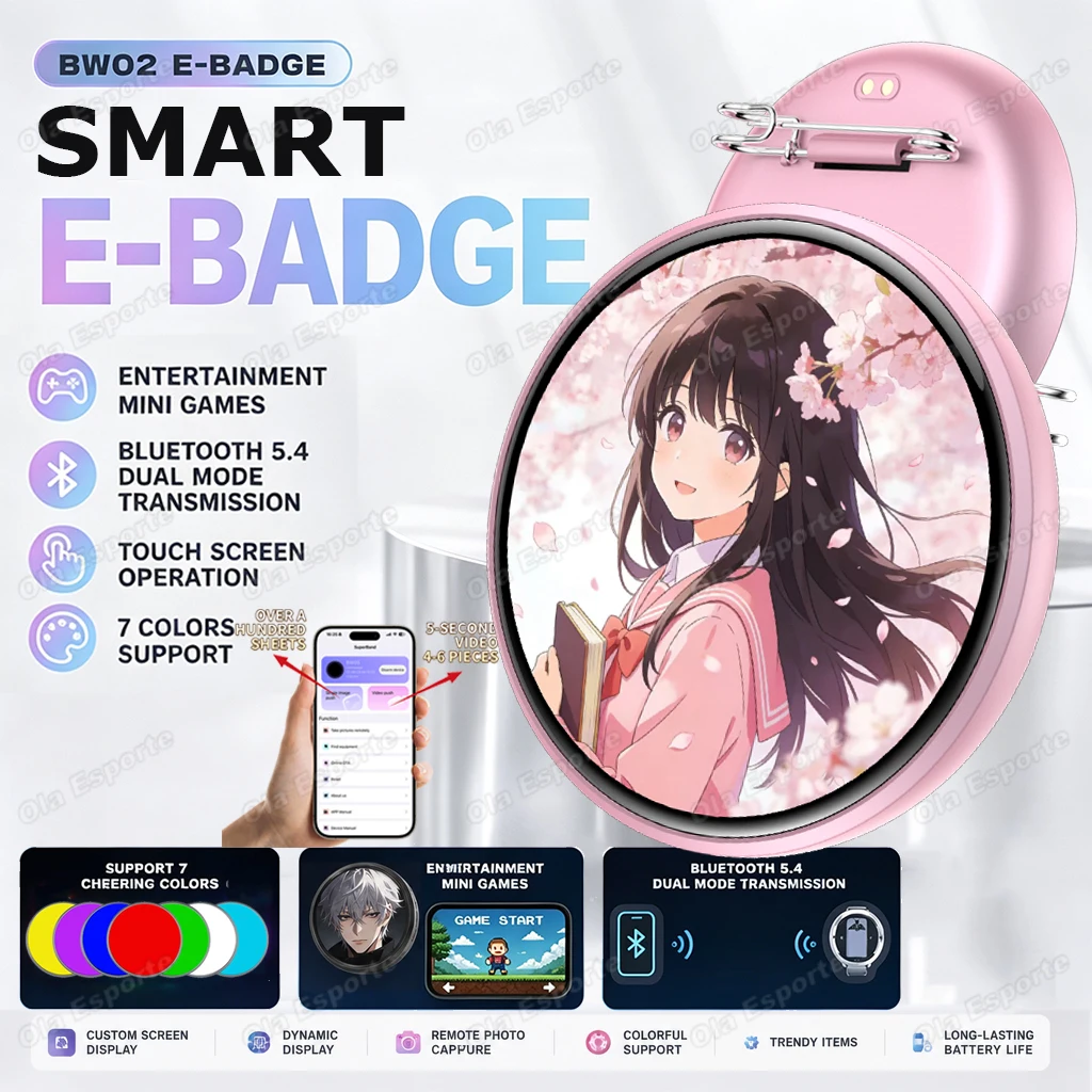 7-Colors Light Anime E-Badge Dynamics Digital Display Smart E-Badge Bluetooth Anime Digital App Control Photos & Animations BW01