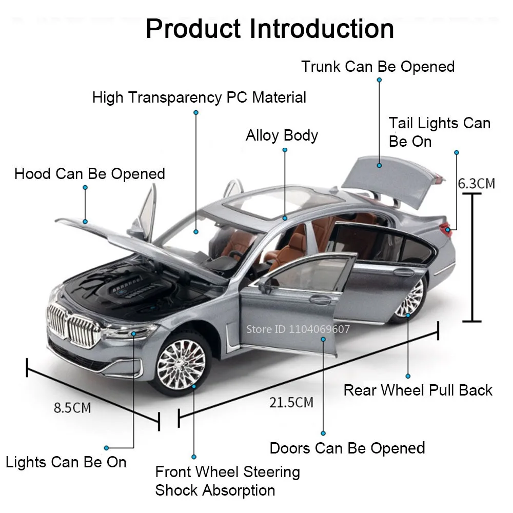 Modelo de juguete 1:24 530LI 760LI, coches en miniatura de Metal fundido a presión, luz de sonido, volante delantero, extraíble para niños, regalos de navidad