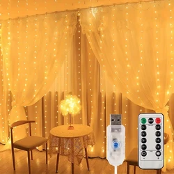 LED Curtain String Lights com controle remoto, lâmpadas, guirlanda, fada, feriado, casamento, festa, quarto, casa, Natal, USB, 8 modos