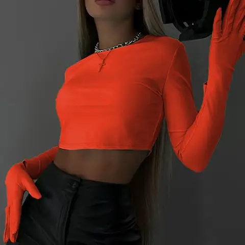 OMSJ Mode Casual Långärmad O-ringad Skinny T-shirt Med Handskar Y2K Höst Toppar T-shirts Dam Sexig Crop Top Streetwear Kläder 8 best sales långärmad t-shirt med handskar - №8
