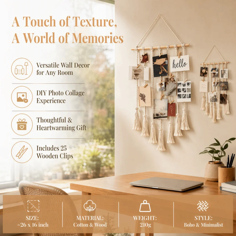 Woven Design Macrame Wall Hanging 25.59 X 15.75 in White Hanging Photo Display 25 Wood Clips Wooden Clips