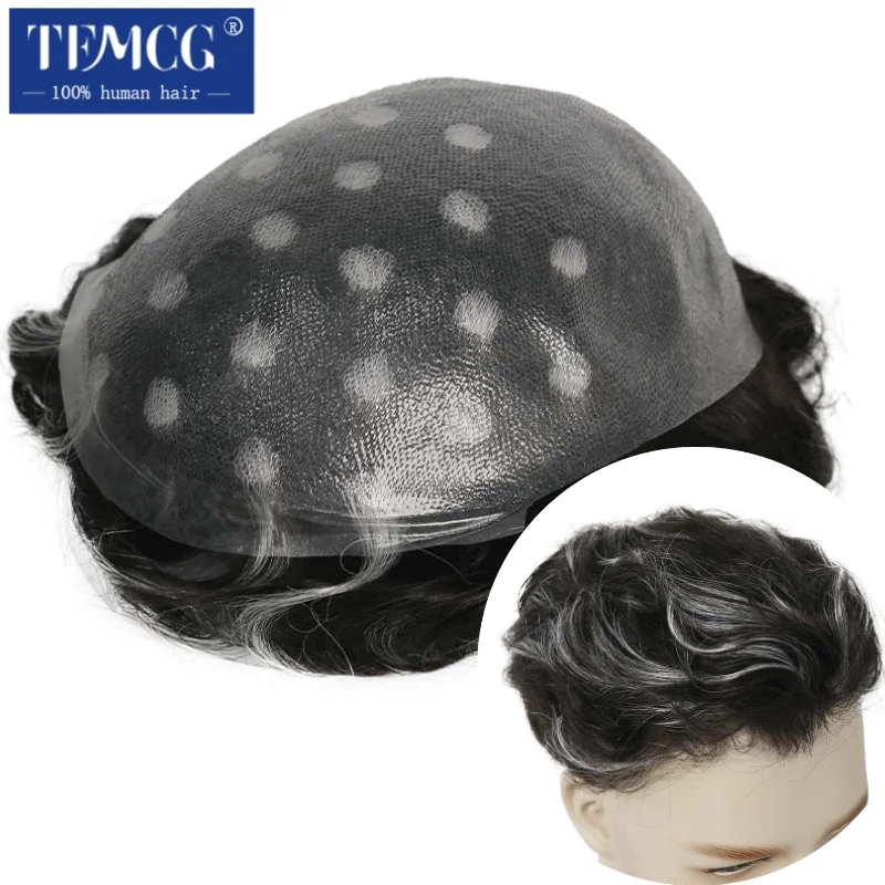 

White Highlighted Black Hair System for Men Male Hair Prosthesis 0.06MM Skin Knotted Toupee Men Wig 100% Human Hair Systems Unit