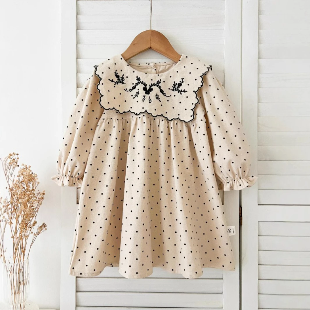 Girls Dress 2026 Spring and Summer New Childrens Clothing Korean Style Baby Mori Retro Embroidered Polka Dot Dress Simple