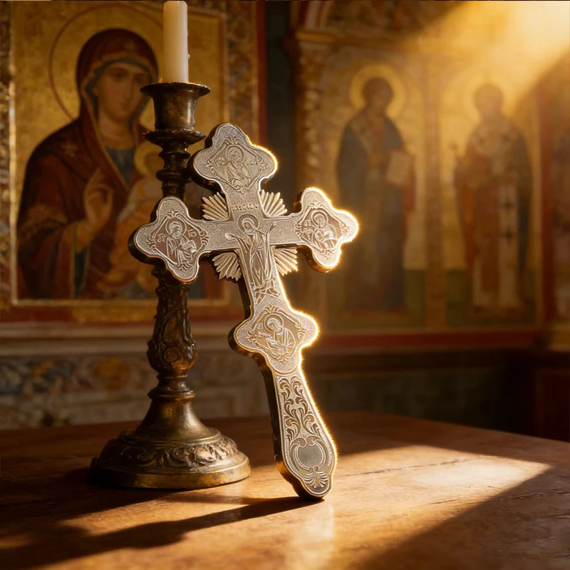

New Hand-Engraved Silver-Plated Orthodox Blessing Cross with Intricate Filigree Detailing for Church Rituals and Home Devotion