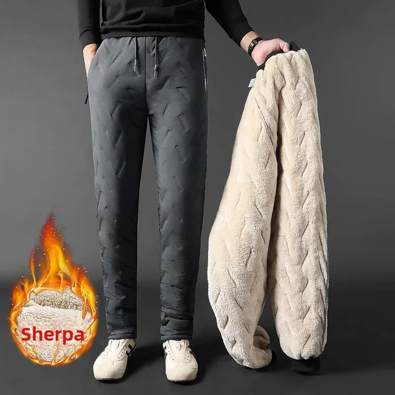 Thickened Fleece-Lined Men's Casual Pants Autumn/Winter Style Elastic Waist Warm Long Pants Plus Size Lambswool Cotton Wadded