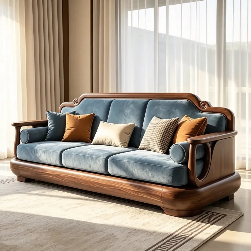 New Chinese black walnut sofa modern three-person living room furniture tenon and mortise structure solid wood fabric sofa