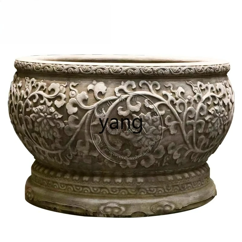 

LTT Stone Carving Fish Tank Flower Pot Antique Style Winding Lotus Courtyard Villa Door Sea Decoration Ornament