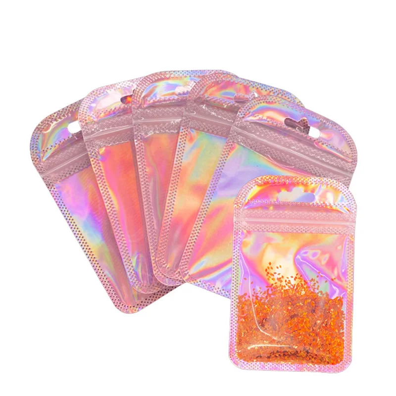 50pc ZipLock Plastic Bag Pouch Holographic Small Packaging Sachet For Product Jewelry Accessories Business Food Storage Supplies