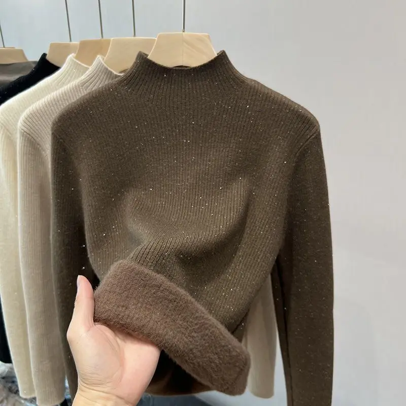 Solid Bright Pullovers Sweaters Turtleneck Fleece Warm Knitwear Korean Casual Slim-fit Bottoming Elegant Shirt Knitwear Jumpers