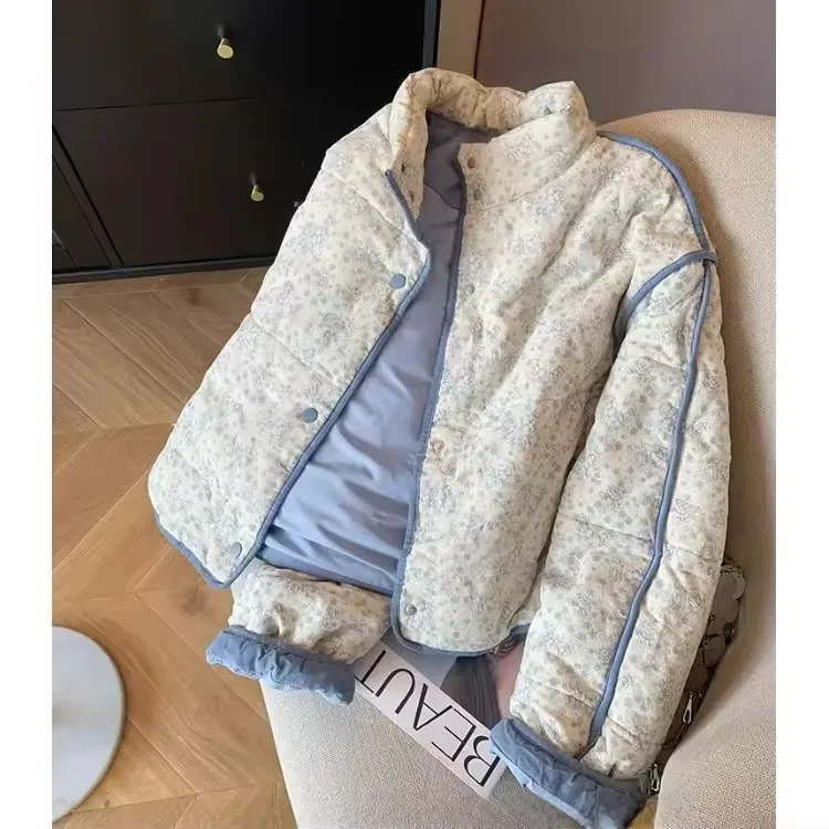 Coreano gola floral algodão jaqueta feminina outono inverno quente curto algodão acolchoado outerwear doce design azul topos