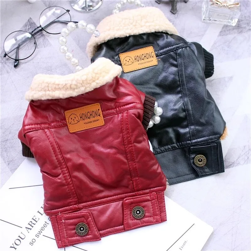 Soft Leather Dog Clothes Winter With Fur Lining Warm Pet Jacket Coat Waterproof For Golden Retriever French Bulldog Husky Outfit